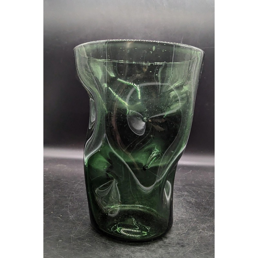 Vintage MCM Vintage Empoli Italy Hand Blown Dimpled Emerald Green Glass Vase